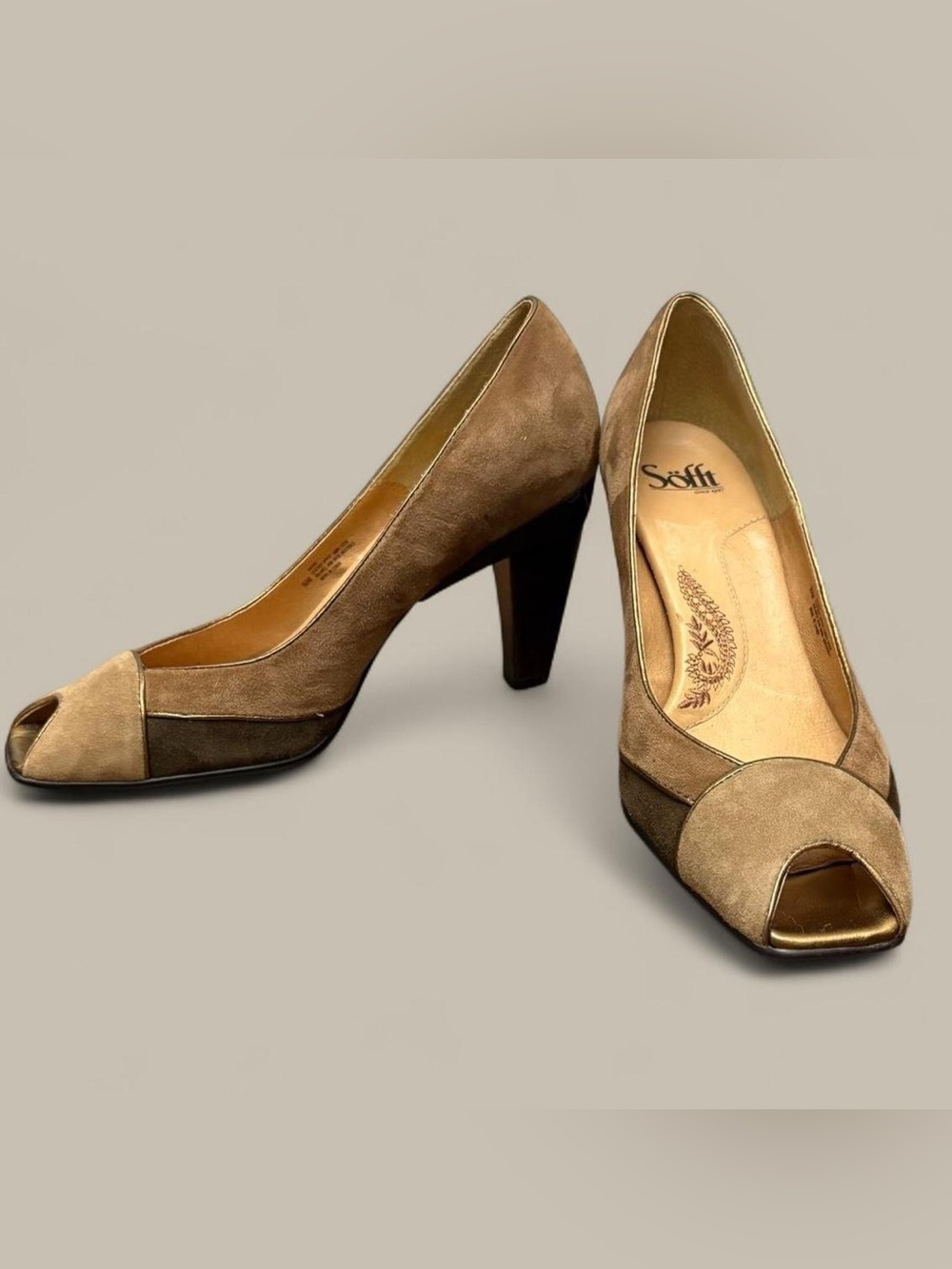 Softspots Tan and Brown Peep-Toe Heels